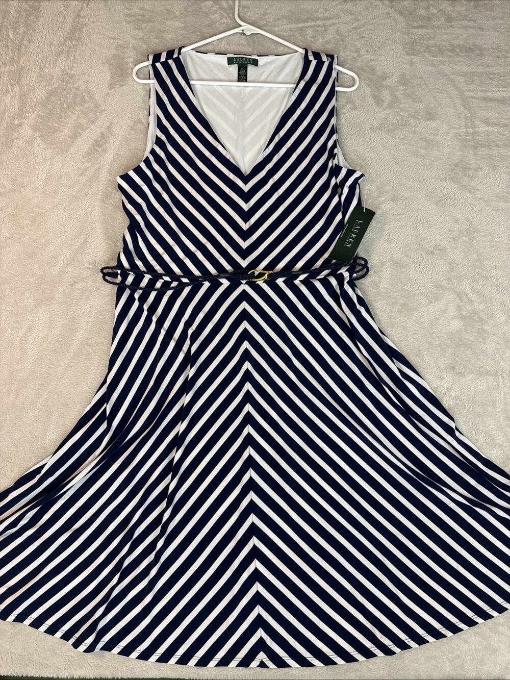 New Ralph Lauren Navy Blue White Chevron Stripe Knit Dress Nautical XL NWT $159